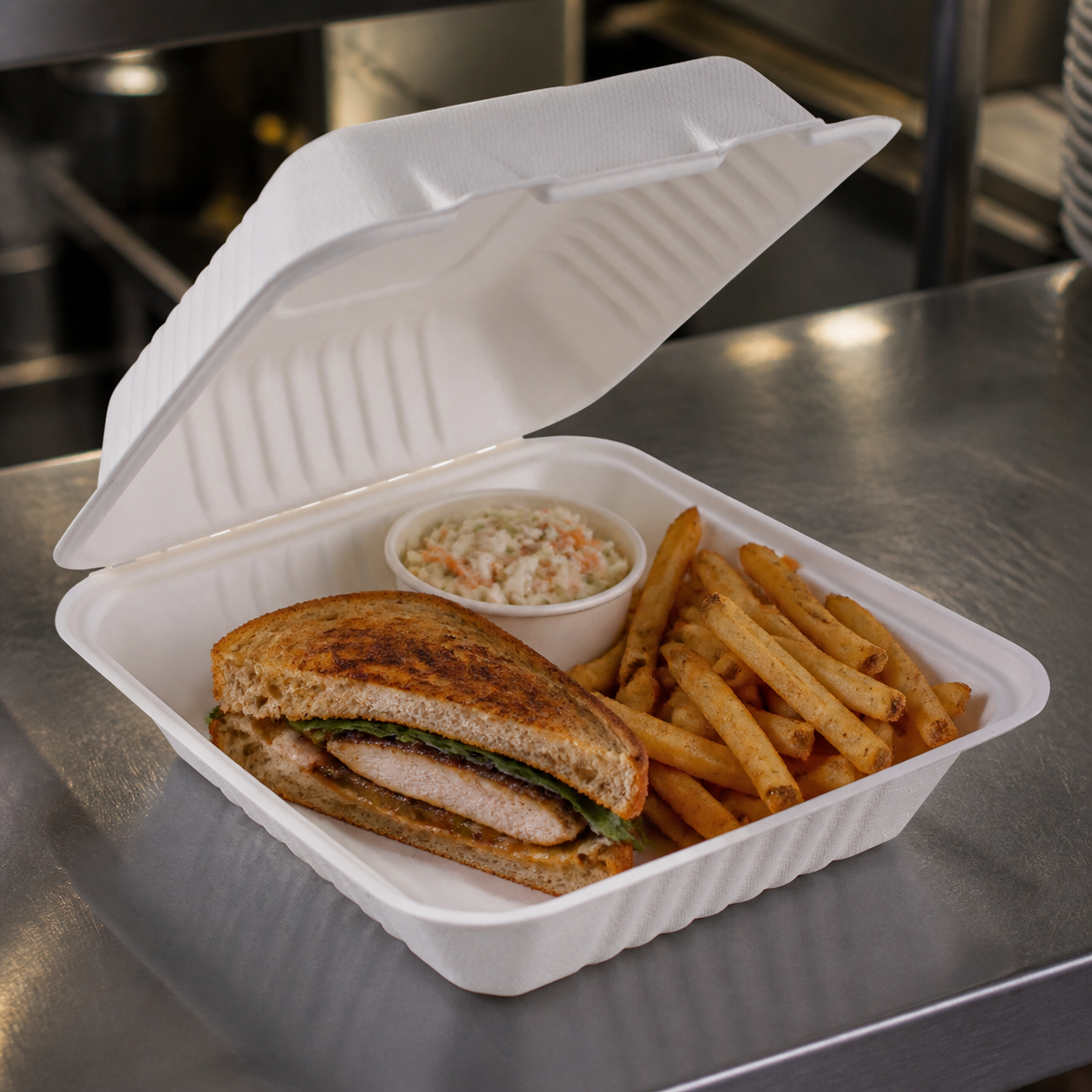 Empress 8 x 8 bagasse hinged container filled with a restaurant takeout meal