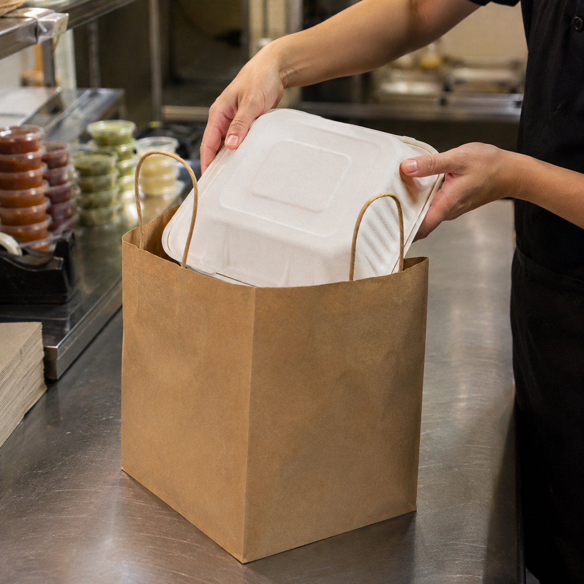 Empress 8 inch hinged container being packed into a kraft handled paper bag