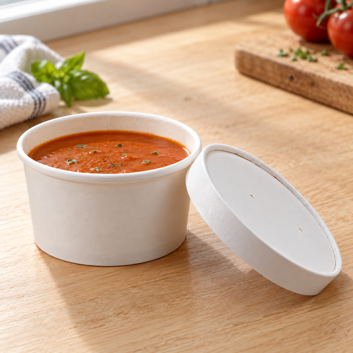 Empress EFC-8-COMBO 8 oz white paper soup container filled with tomato soup beside its vented lid