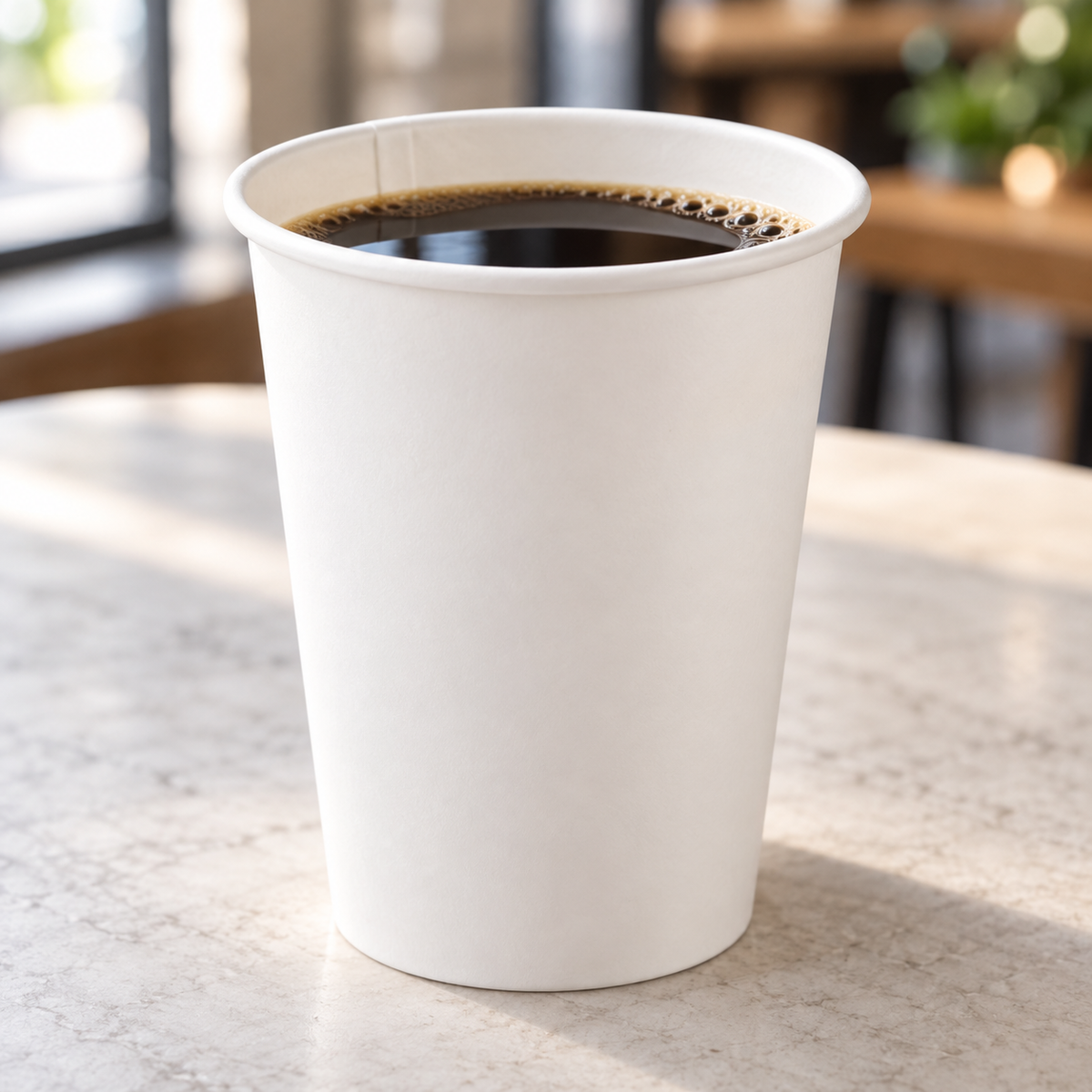 Empress EHC12-W 12 oz white paper hot cup filled with coffee on a café table