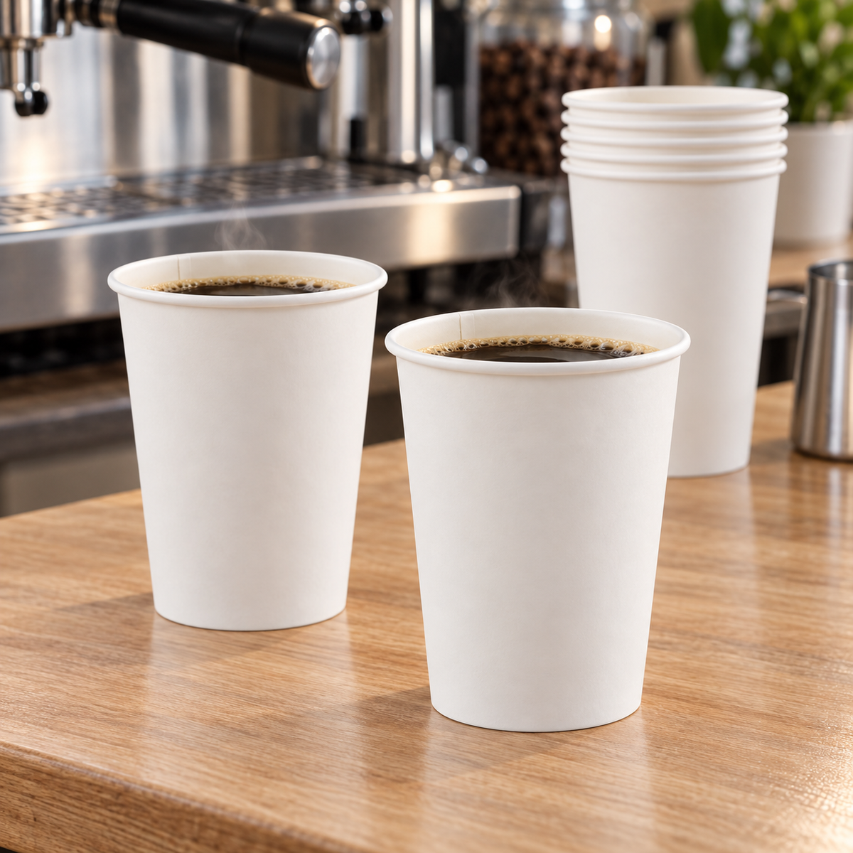 Empress EHC12-W white 12 oz paper hot cups at a café espresso counter