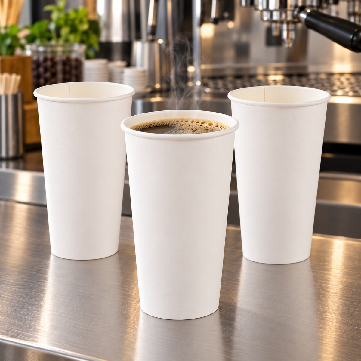 Empress EHC20-W white paper hot cups at a cafe coffee counter — AI-assisted illustration