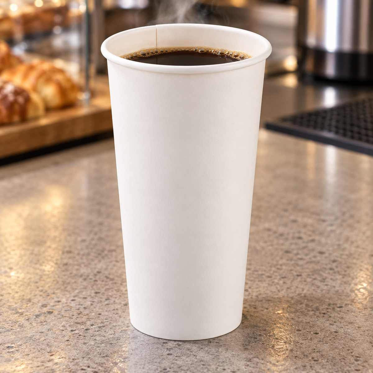 Coffee served in an Empress EHC20-W 20 oz white paper cup — AI-assisted illustration