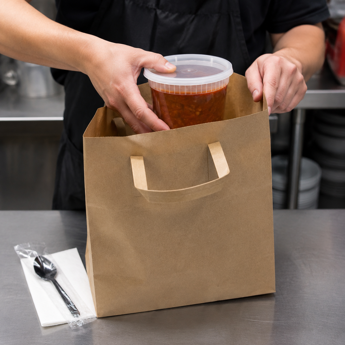 Empress 32 oz lidded deli container being packed into a kraft takeout bag with soup spoon