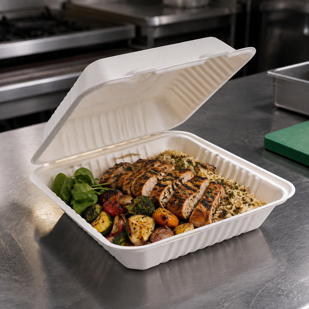 Empress 9 x 9 bagasse hinged container filled with grilled chicken, rice and vegetables