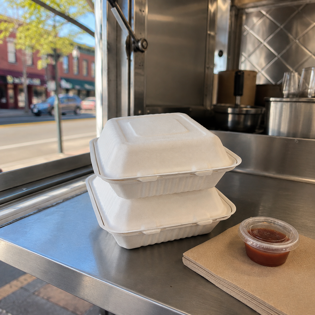 Stacked Empress Earth natural-white bagasse containers inside a food truck