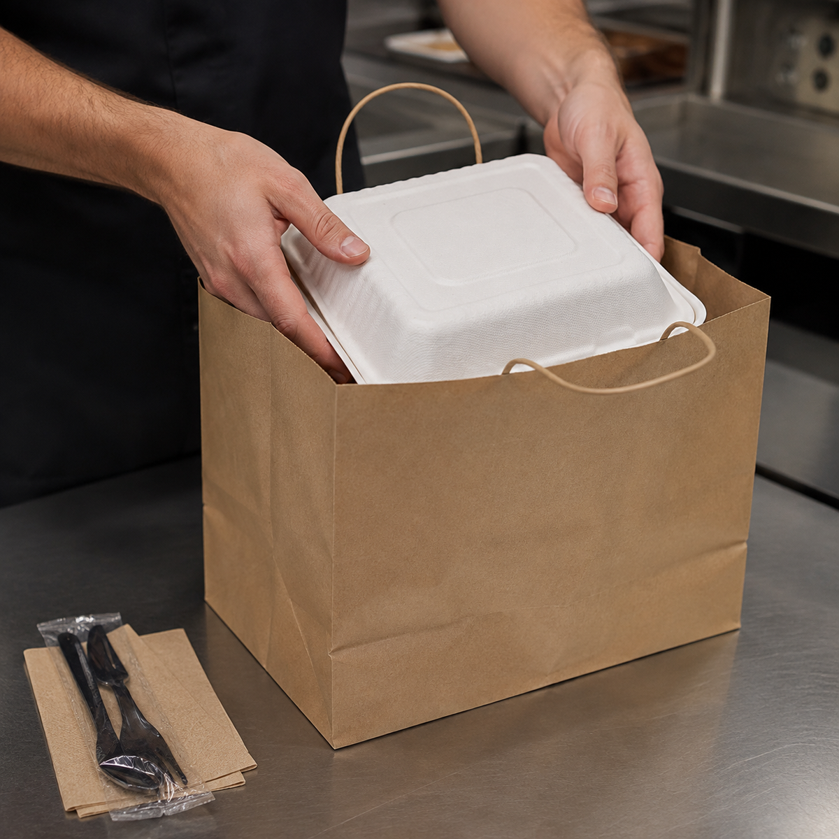 Empress 9 x 9 hinged container being packed into a large kraft handled takeout bag