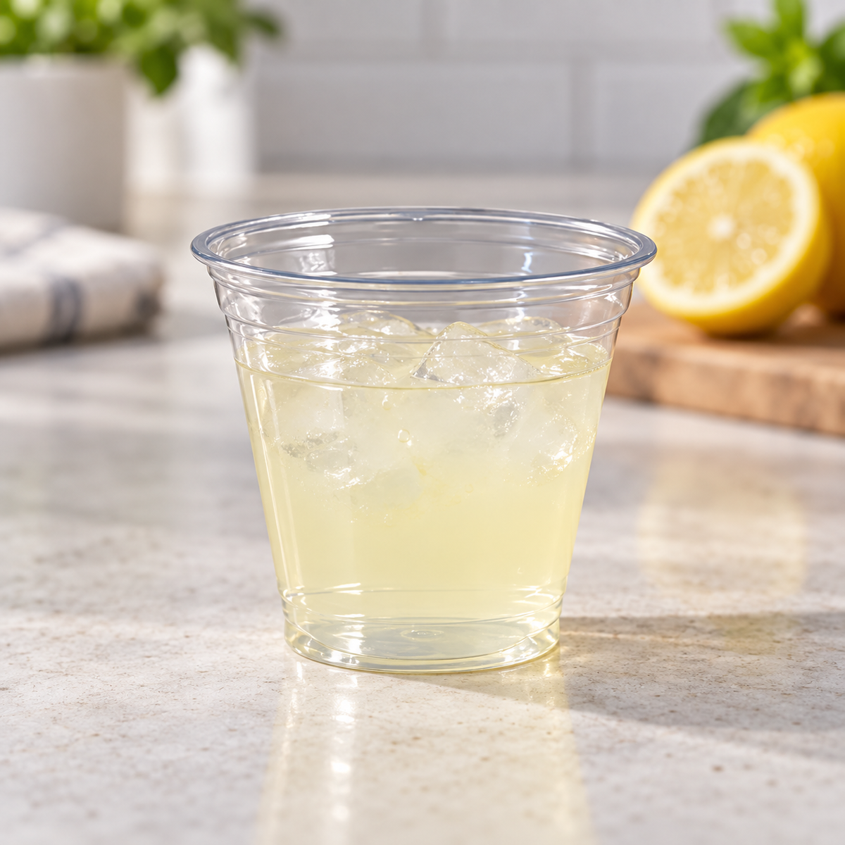 AI-assisted serving suggestion: Empress EPET09 9 oz clear PET cup with lemonade; beverage not included