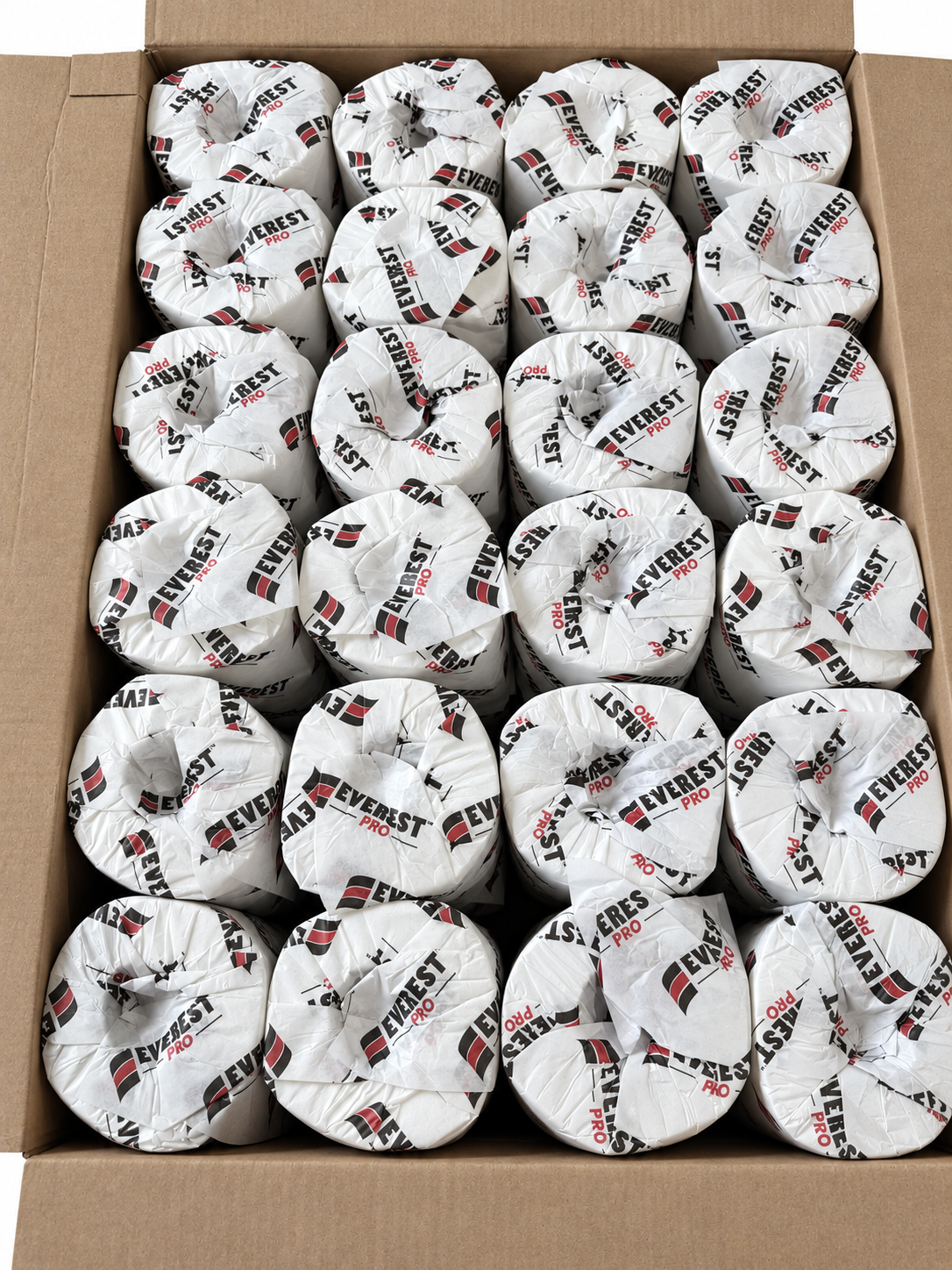 Everest Pro 96420 open case showing the top layer of individually wrapped bathroom tissue rolls; 96 rolls in complete case; AI-assisted reference image