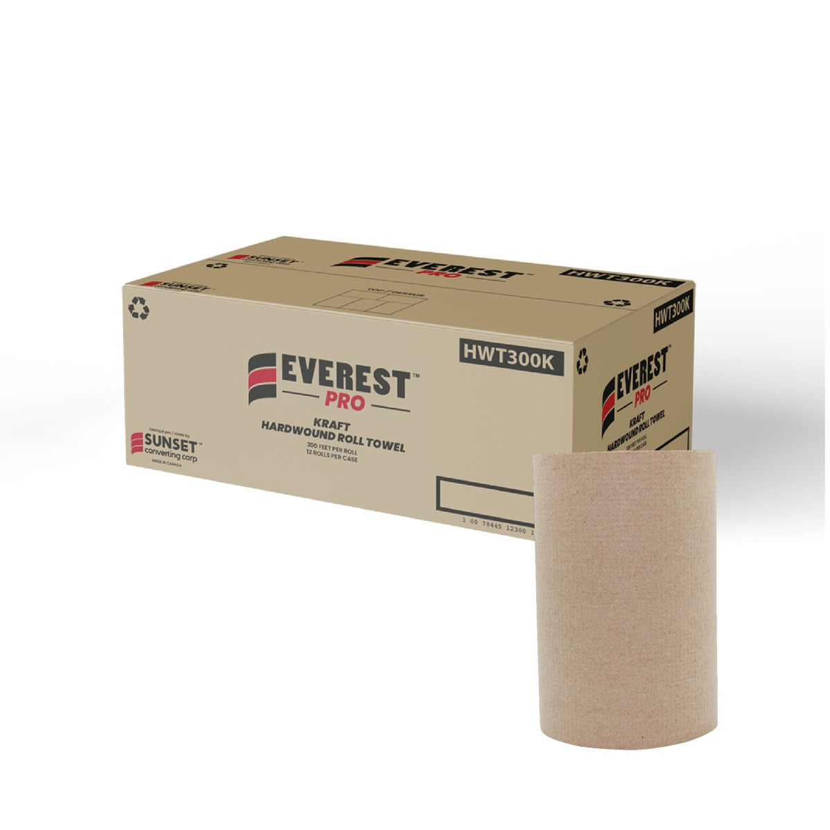 Everest Pro HWT300K natural kraft hardwound paper towel roll and manufacturer carton, 300 ft per roll, 12 rolls per case