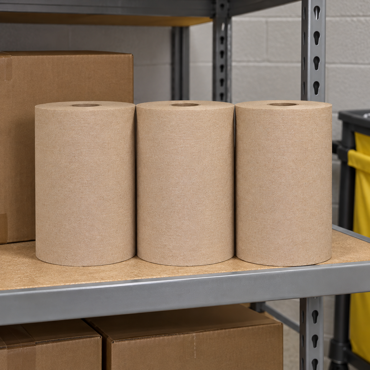 AI-assisted commercial storage scene with natural kraft hardwound paper towel rolls