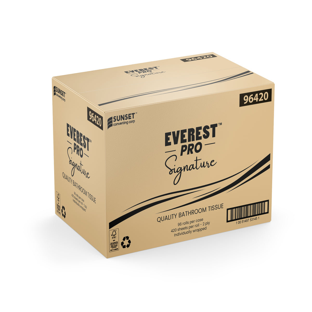 Everest Pro Signature 96420 white 2-ply bathroom tissue, 96 individually wrapped rolls with 420 sheets per roll, manufacturer carton image
