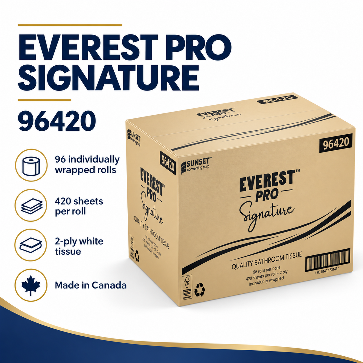 Everest Pro Signature 96420 case pack guide: 96 rolls, 420 sheets per roll and 2-ply tissue, AI-assisted graphic