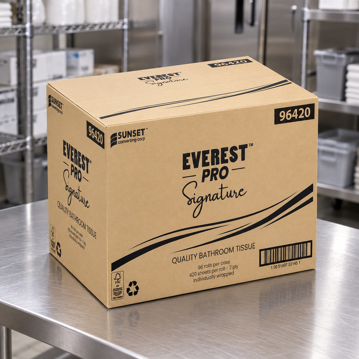 Everest Pro Signature 96420 bathroom tissue case on a commercial receiving table, AI-assisted setting