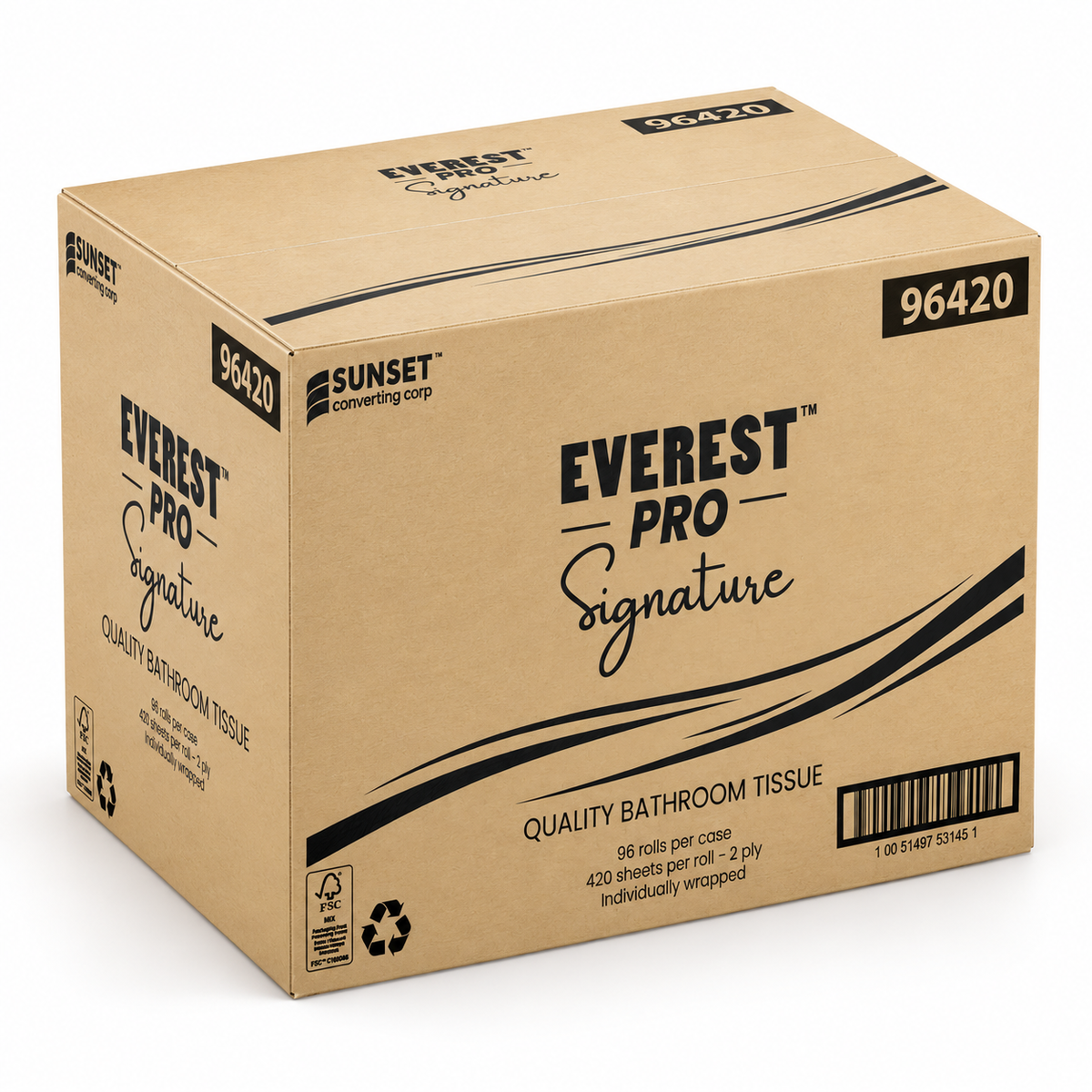 Everest Pro Signature 96420 bathroom tissue carton in a studio setting, AI-assisted supporting image
