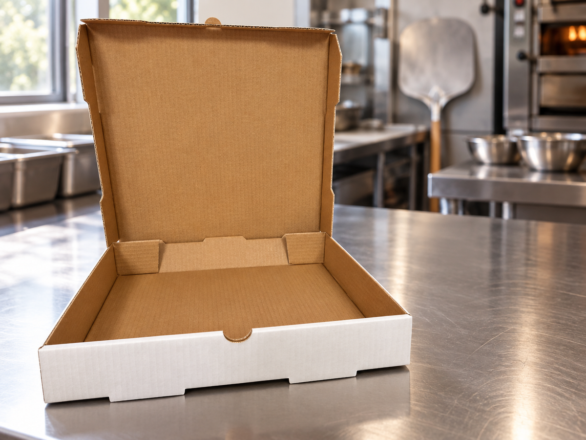 Generic 12 inch white pizza box with kraft interior on a pizzeria packing counter