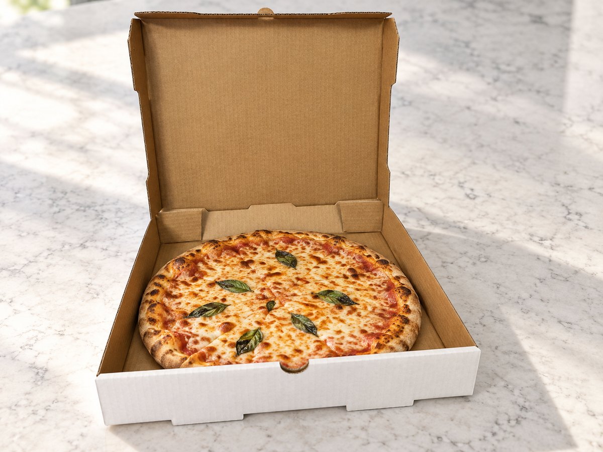 Generic 12 inch white pizza box with pizza for serving illustration; food not included