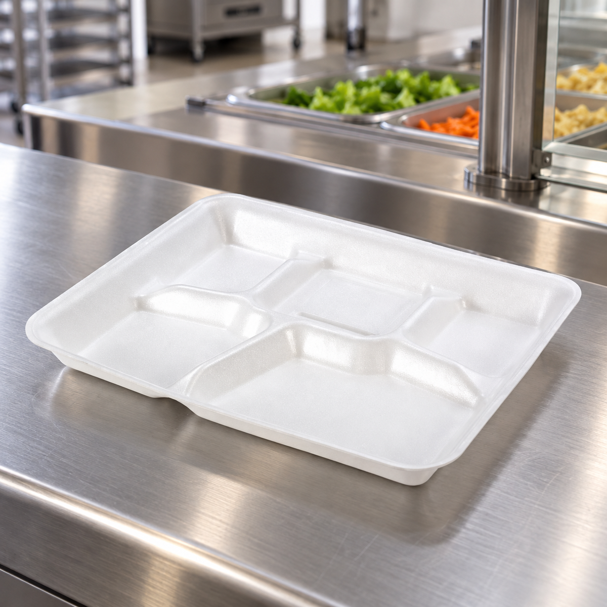 Genpak 10500 white 5-compartment foam tray on a cafeteria counter; AI-assisted illustration