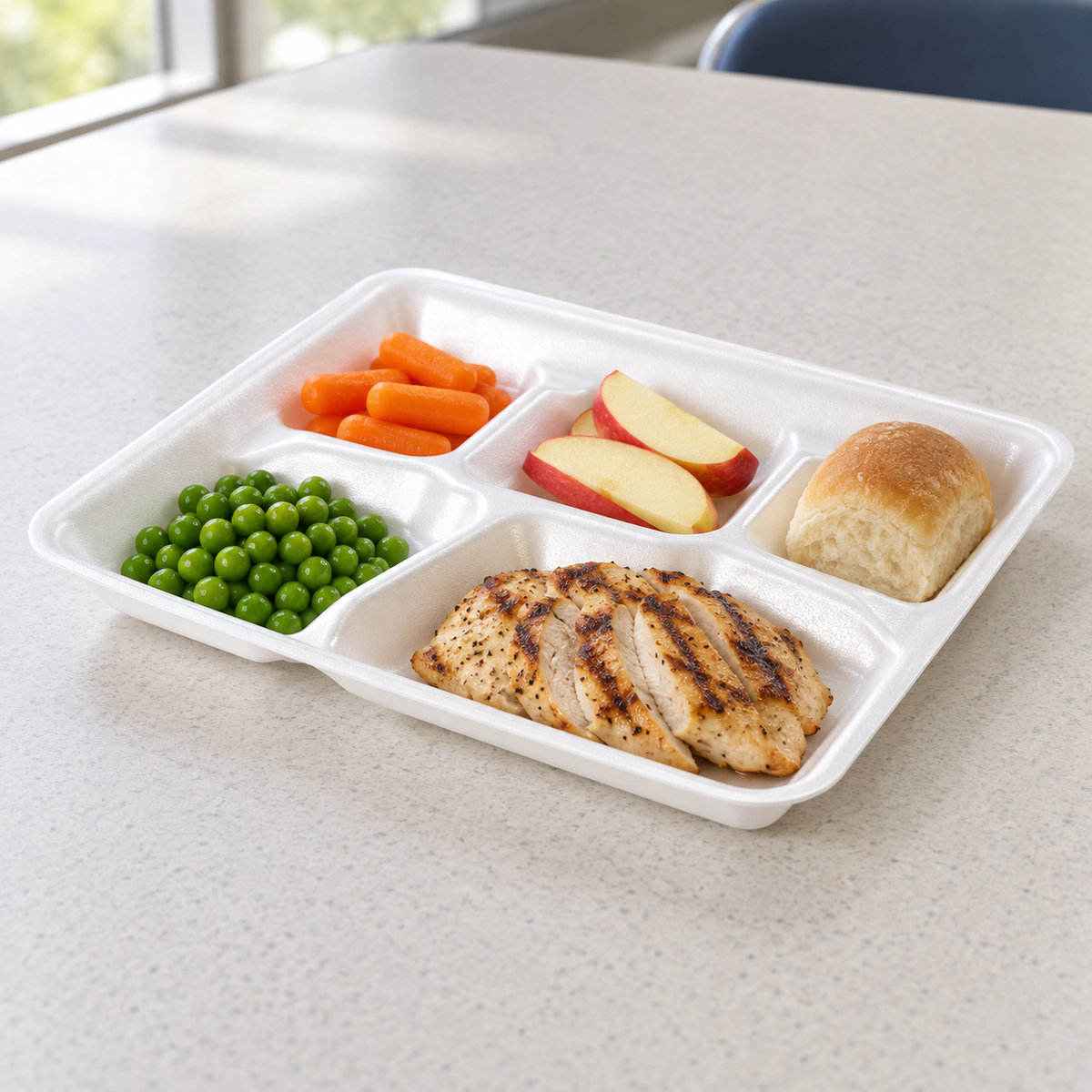 Genpak 10500 white 5-compartment foam tray with example meal; food not included, AI-assisted illustration