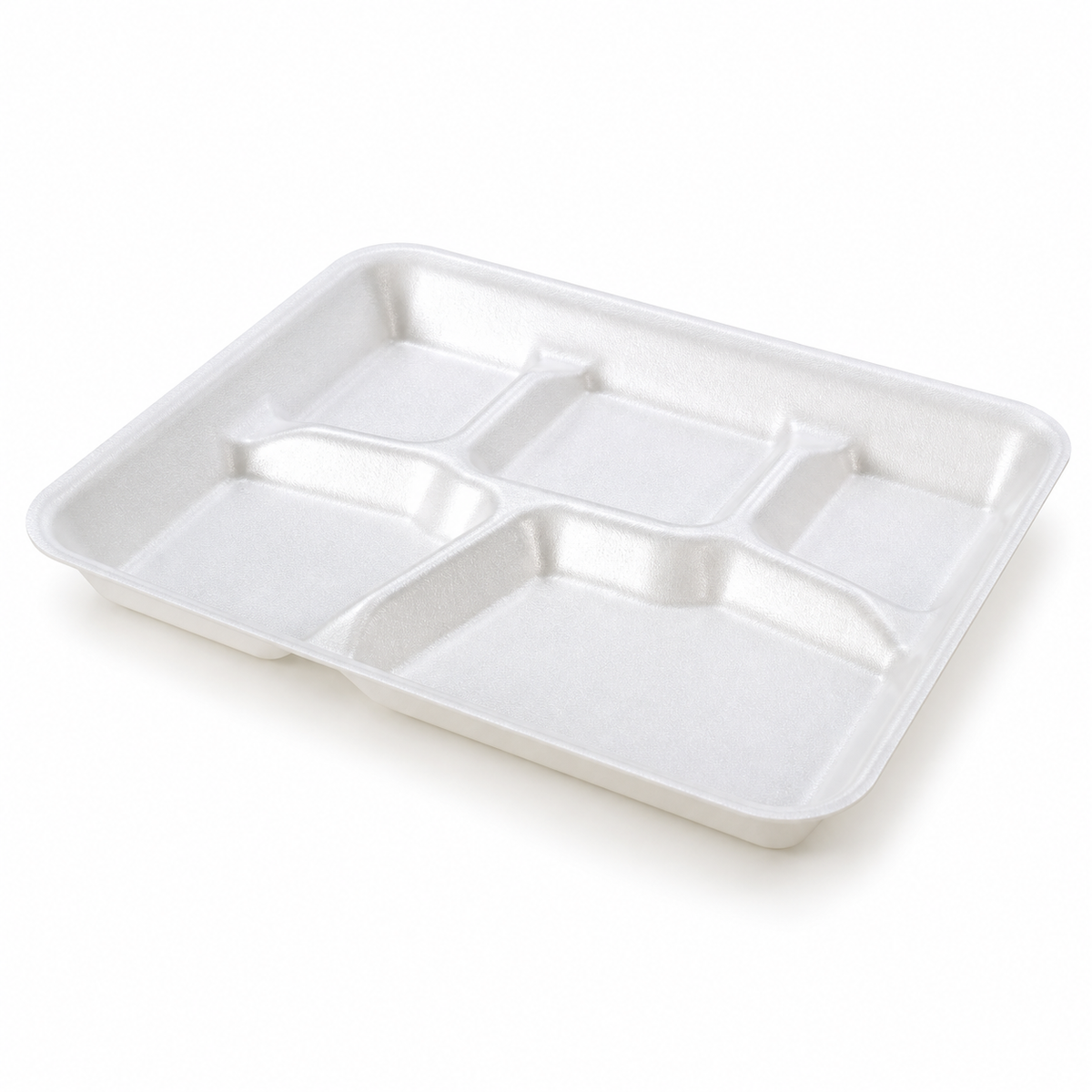 Genpak 10500 white 5-compartment foam serving tray, studio view; AI-assisted illustration