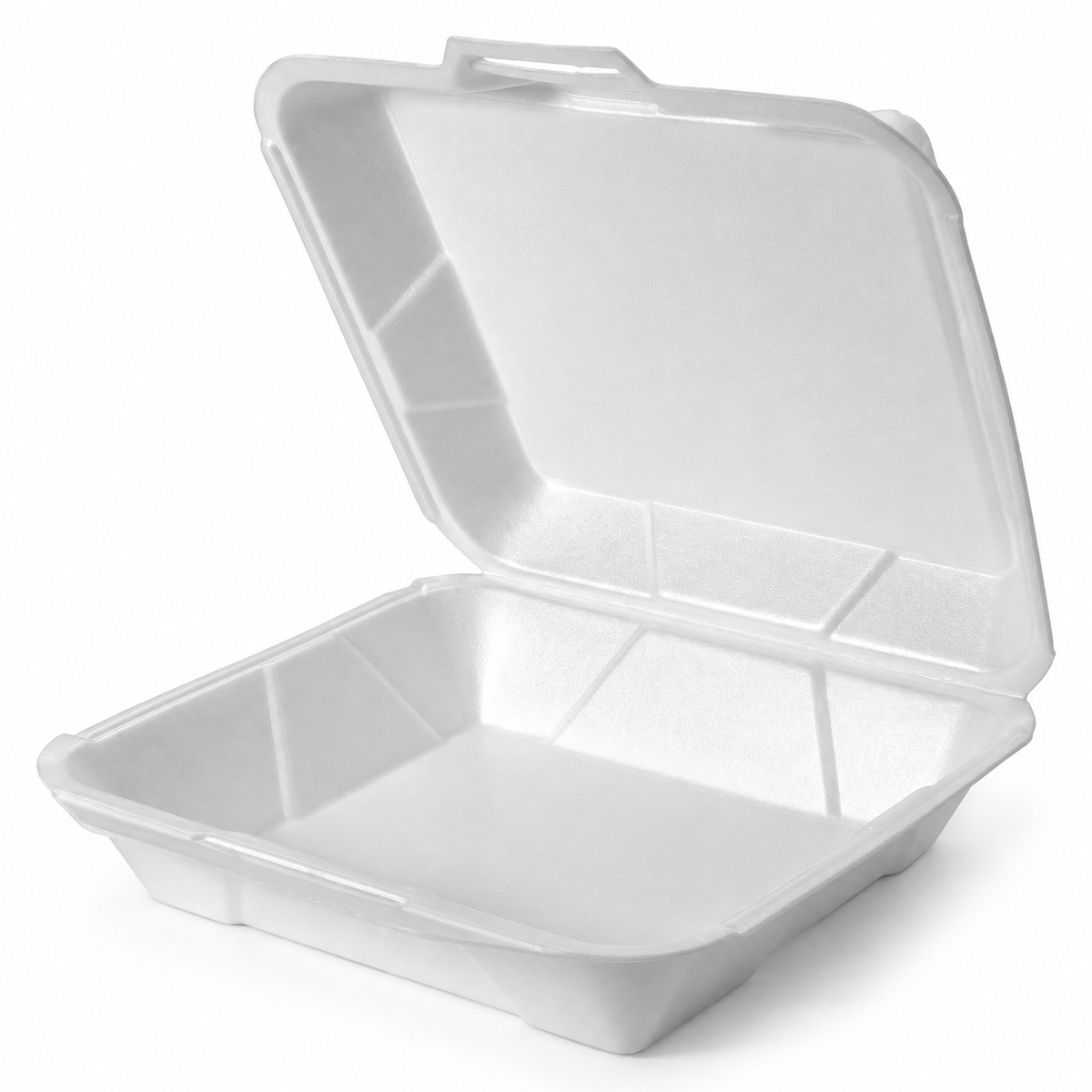 Genpak 25000 white foam hinged container showing its open single-compartment interior