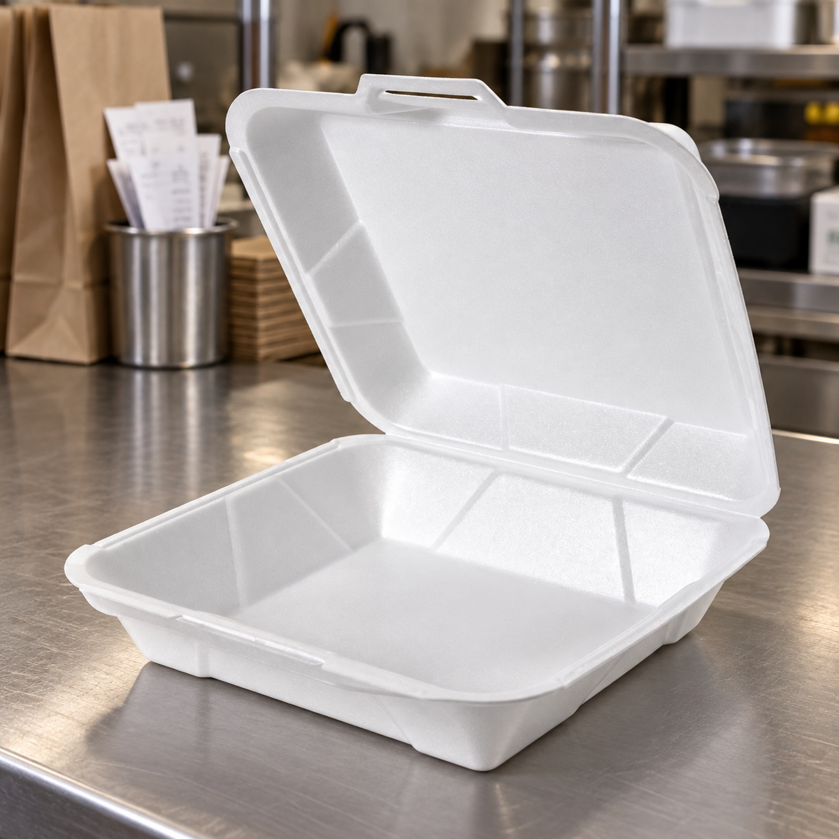 Genpak 25000 open white foam hinged container at a restaurant packing station