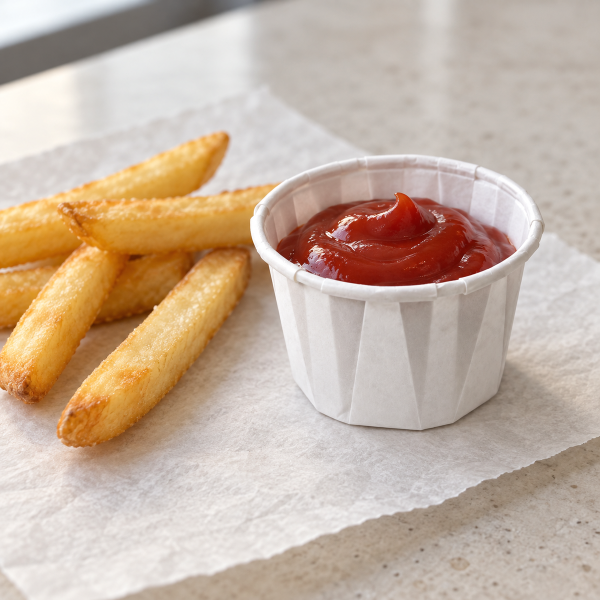 Genpak F100 1 oz paper portion cup holding ketchup beside french fries