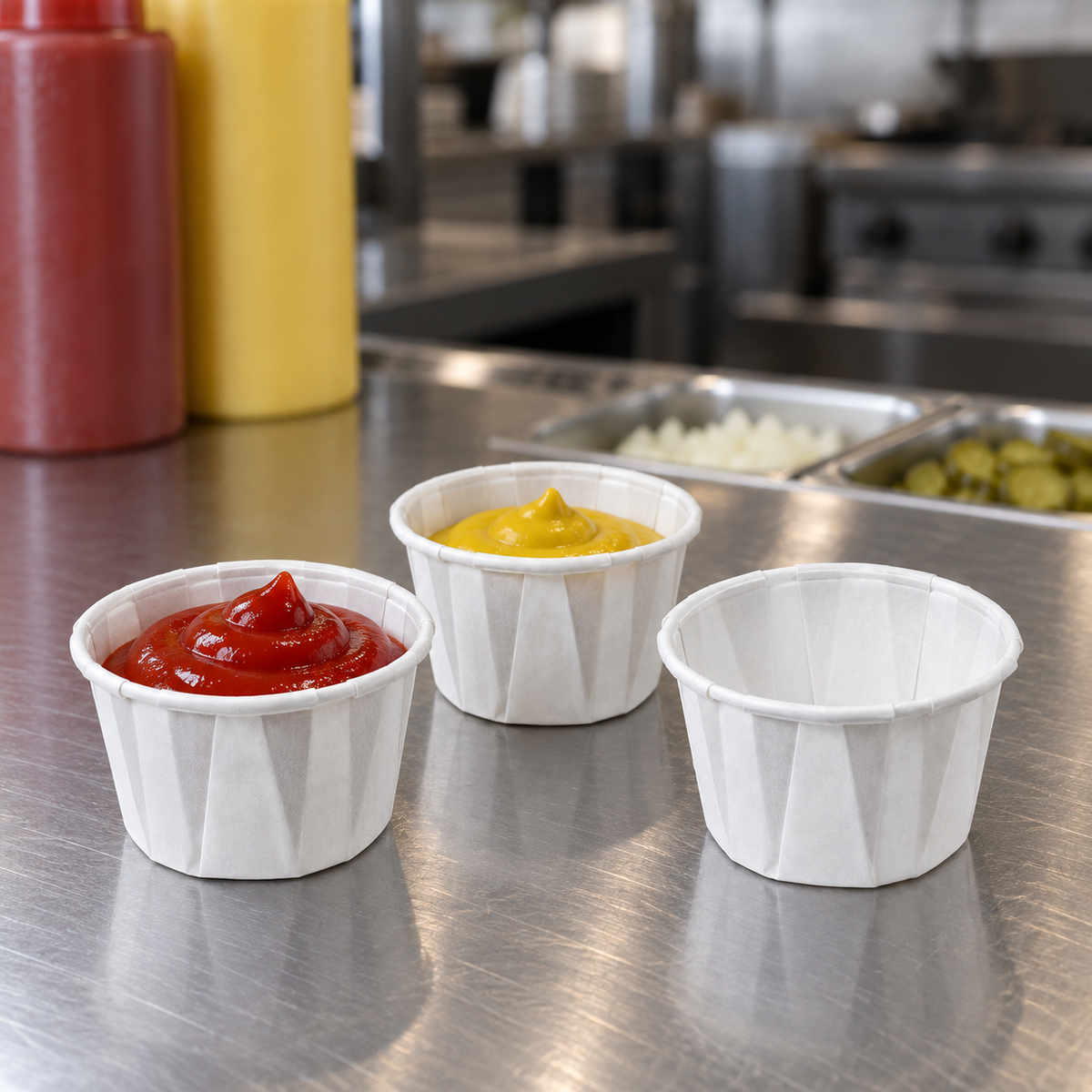 Genpak F100 white paper portion cups at a restaurant condiment station
