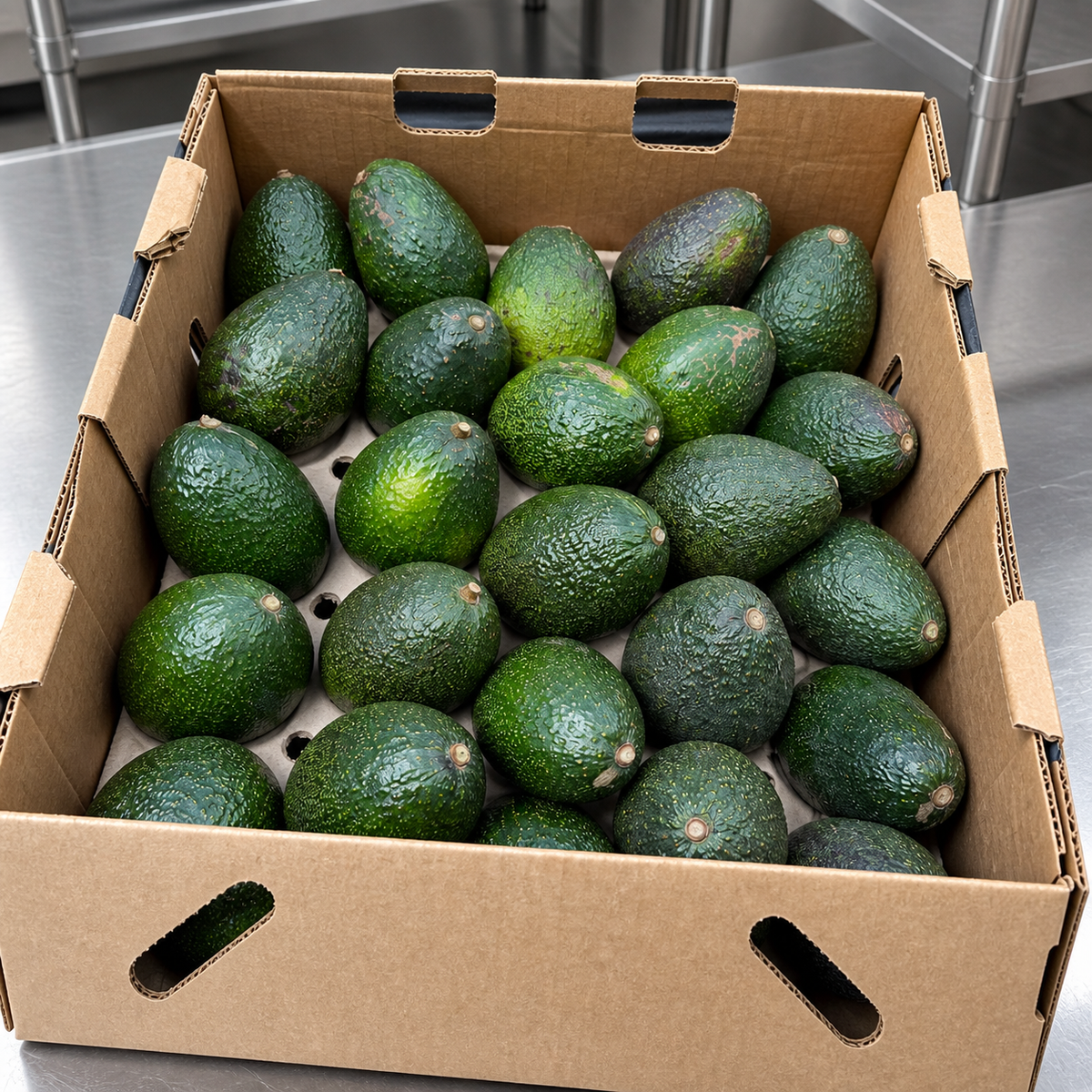 Green unripe avocados in an open produce carton showing the visible top layer; AI-assisted image