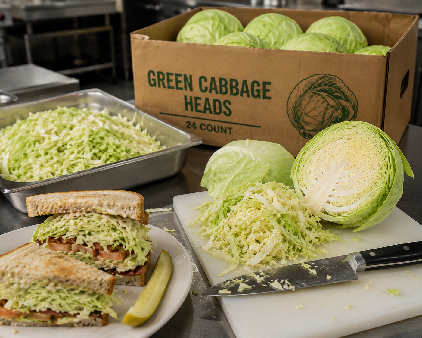 Green cabbage with shredded cabbage for foodservice prep