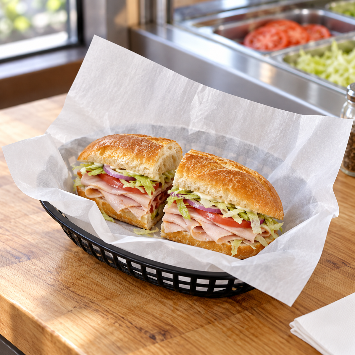 Handy Wacks deli paper lining a sandwich basket, AI-assisted usage illustration; food and basket not included