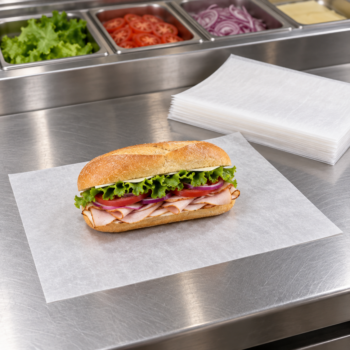 Handy Wacks deli paper at a sandwich prep station, AI-assisted usage illustration; food and props not included