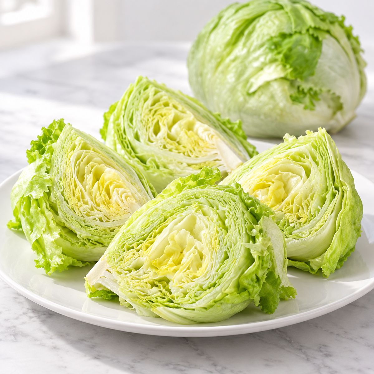Iceberg lettuce wedges on a white plate with a whole head in the background