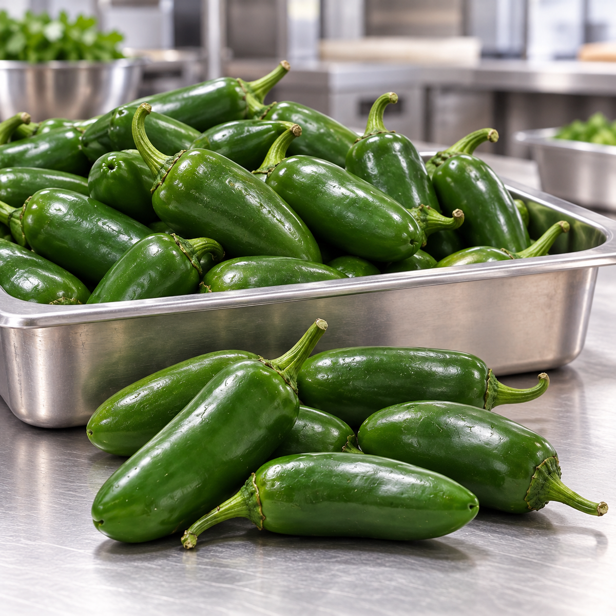 Fresh green jalapeños at a commercial kitchen prep station