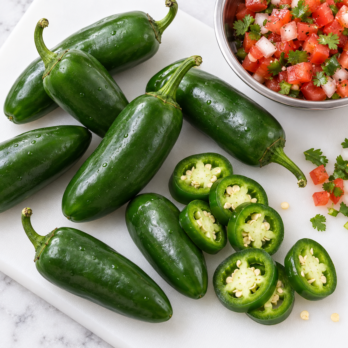 Fresh jalapeños with sliced rounds beside pico de gallo, preparation example