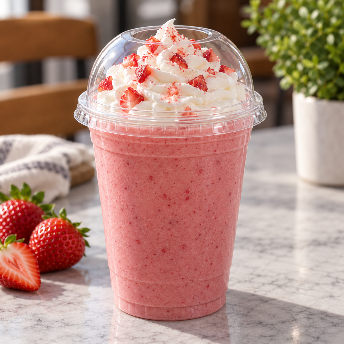 Jovials JVLID-DWH98 wide-hole dome lid shown on a strawberry smoothie cup; cup and drink sold separately