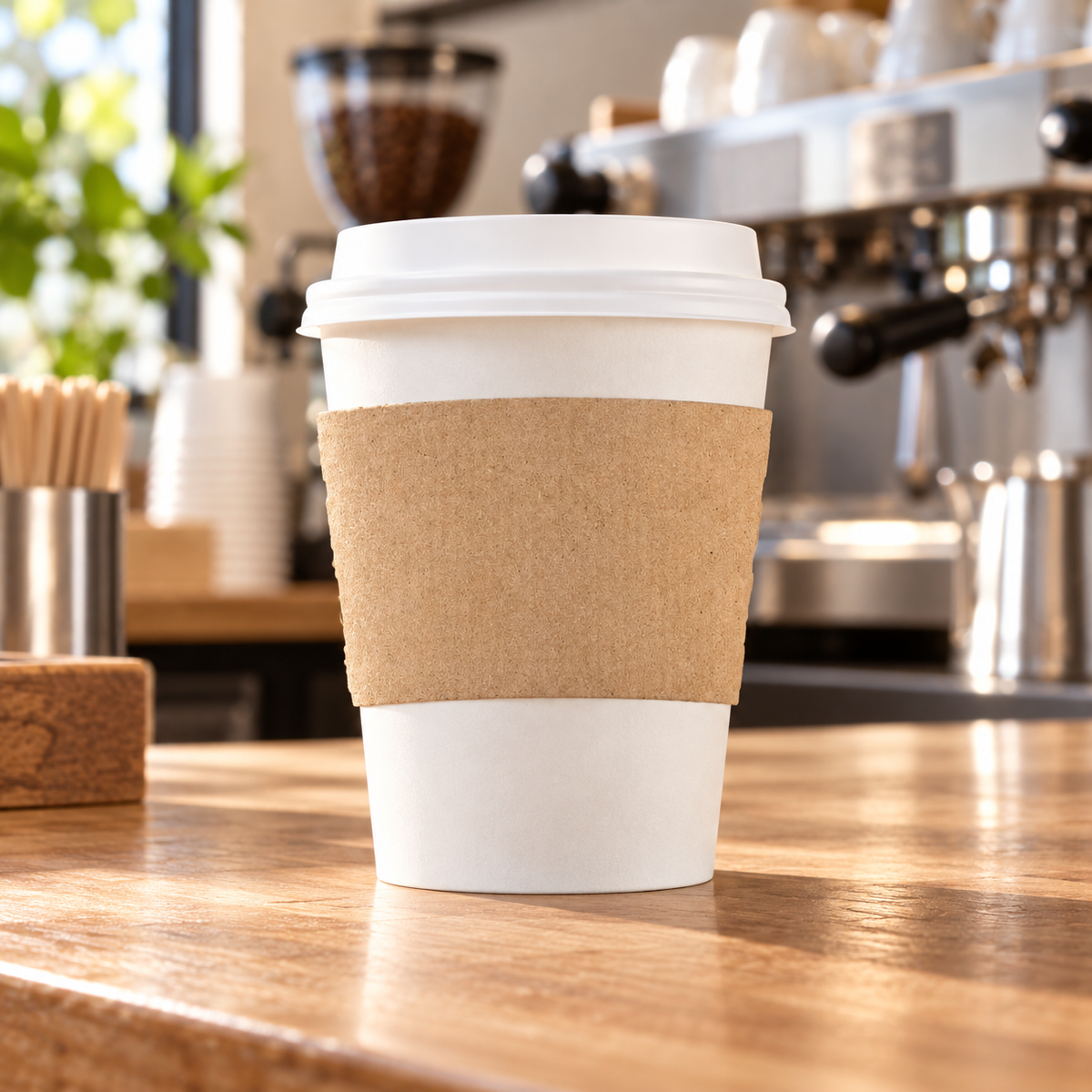 Jovials kraft sleeve illustrated at a cafe pickup counter; cup and lid sold separately