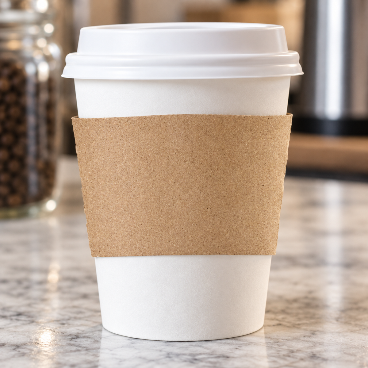 Jovials kraft coffee sleeve illustrated on a white hot cup; cup and lid sold separately