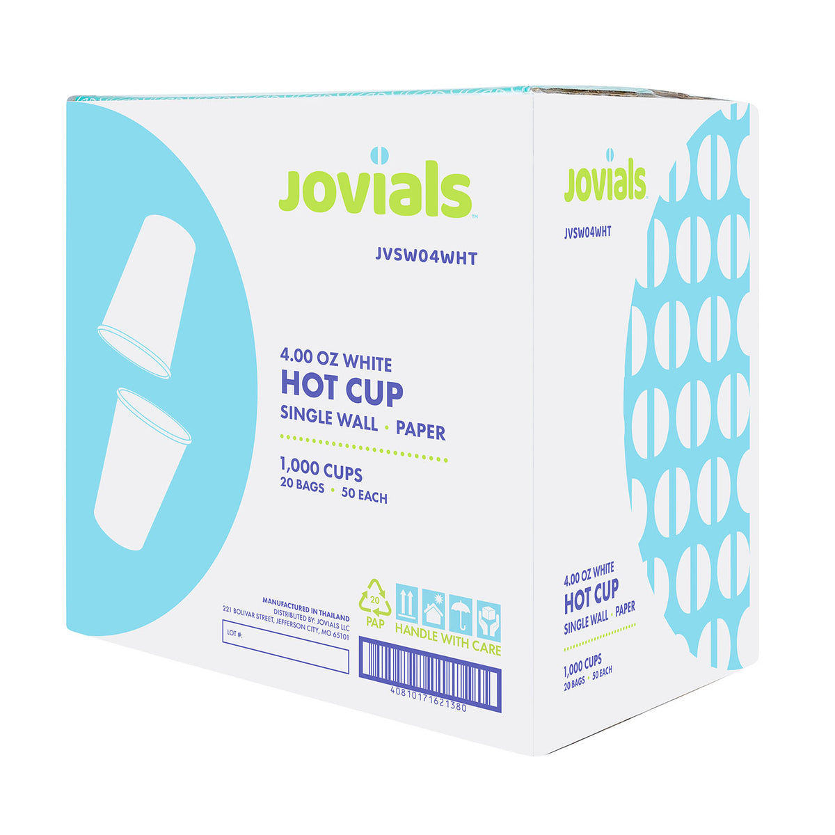 Jovials JVSW04WHT carton containing 1,000 cups in 20 sleeves of 50