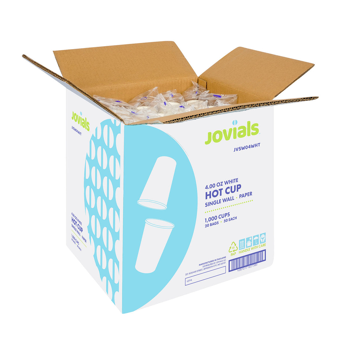 Jovials JVSW04WHT open case showing wrapped sleeves of 4 oz paper cups