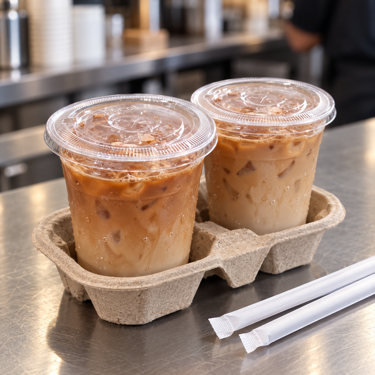 Karat 98 mm clear PET lids on iced-coffee cups at a cafe pickup counter; accessories not included
