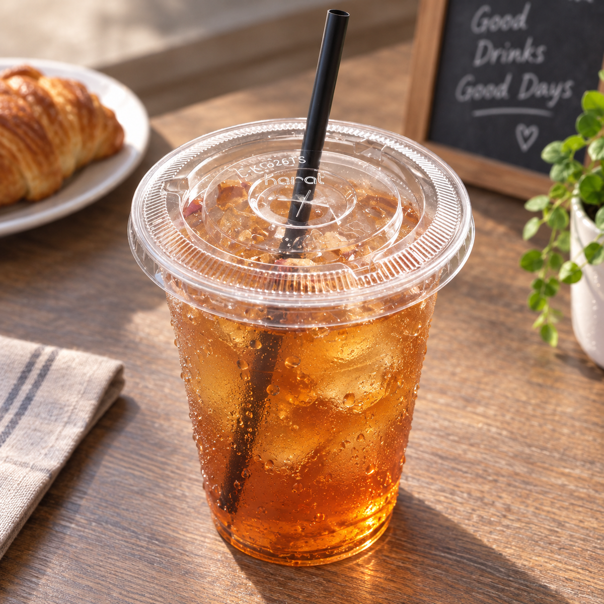 Karat 98 mm clear slotted lid on iced tea; cup, straw and drink not included