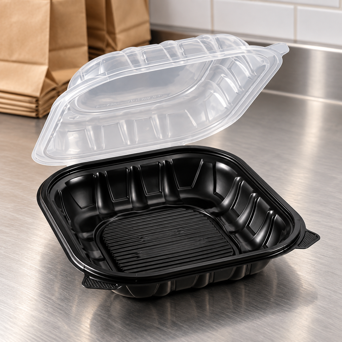 Open Karat 9x9 single-compartment black PP container and clear hinged lid on a packing counter
