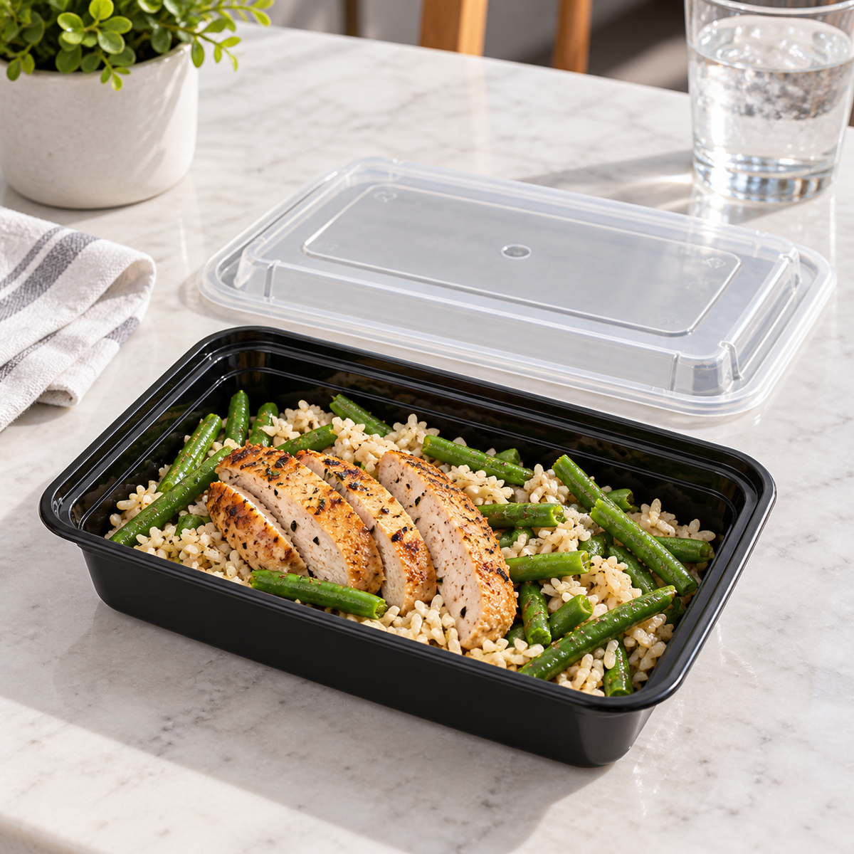 Karat IM-FC1028B 28 oz black container holding chicken, rice and green beans, with the clear lid beside it