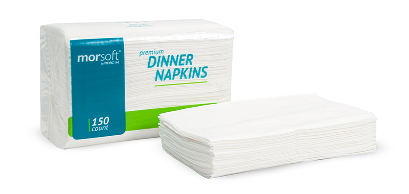 Morsoft by Morcon 3466 dinner napkins showing the 150-count inner pack and folded napkin stack