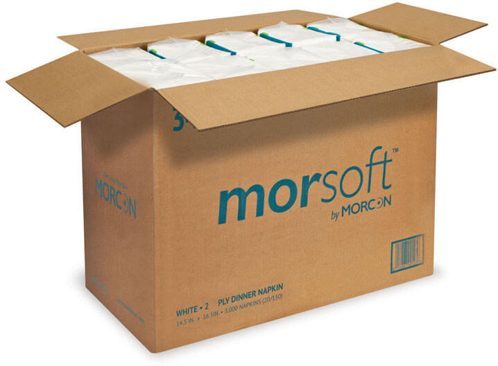 Morcon 3466 dinner napkins in an open 3,000-count case with inner packs visible