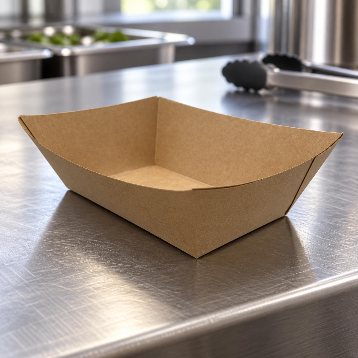 Nova NFT100-K kraft food tray at a commercial packing counter