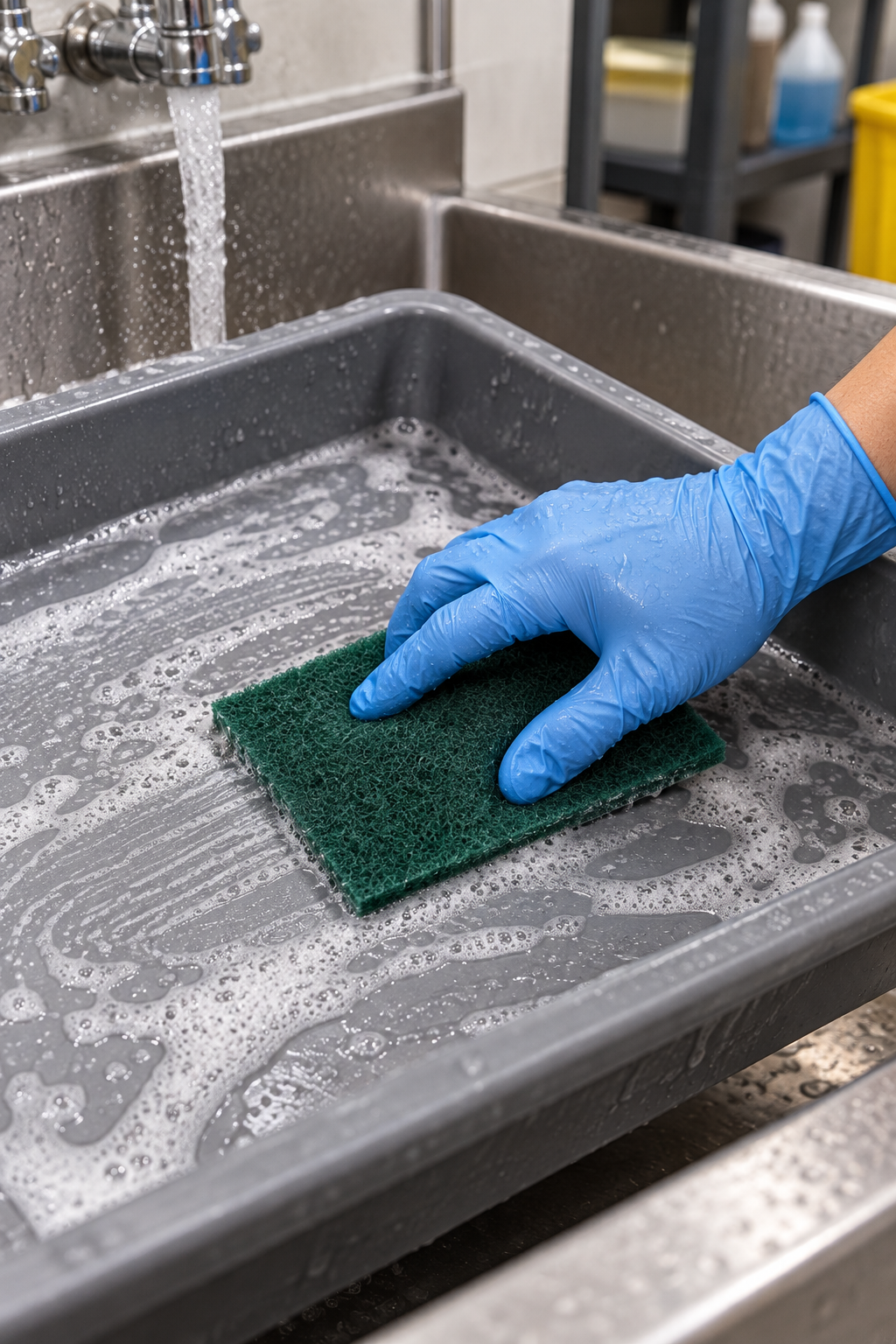 Green 6 x 9 inch medium-duty scrubbing hand pad at a utility wash station; AI-assisted illustration