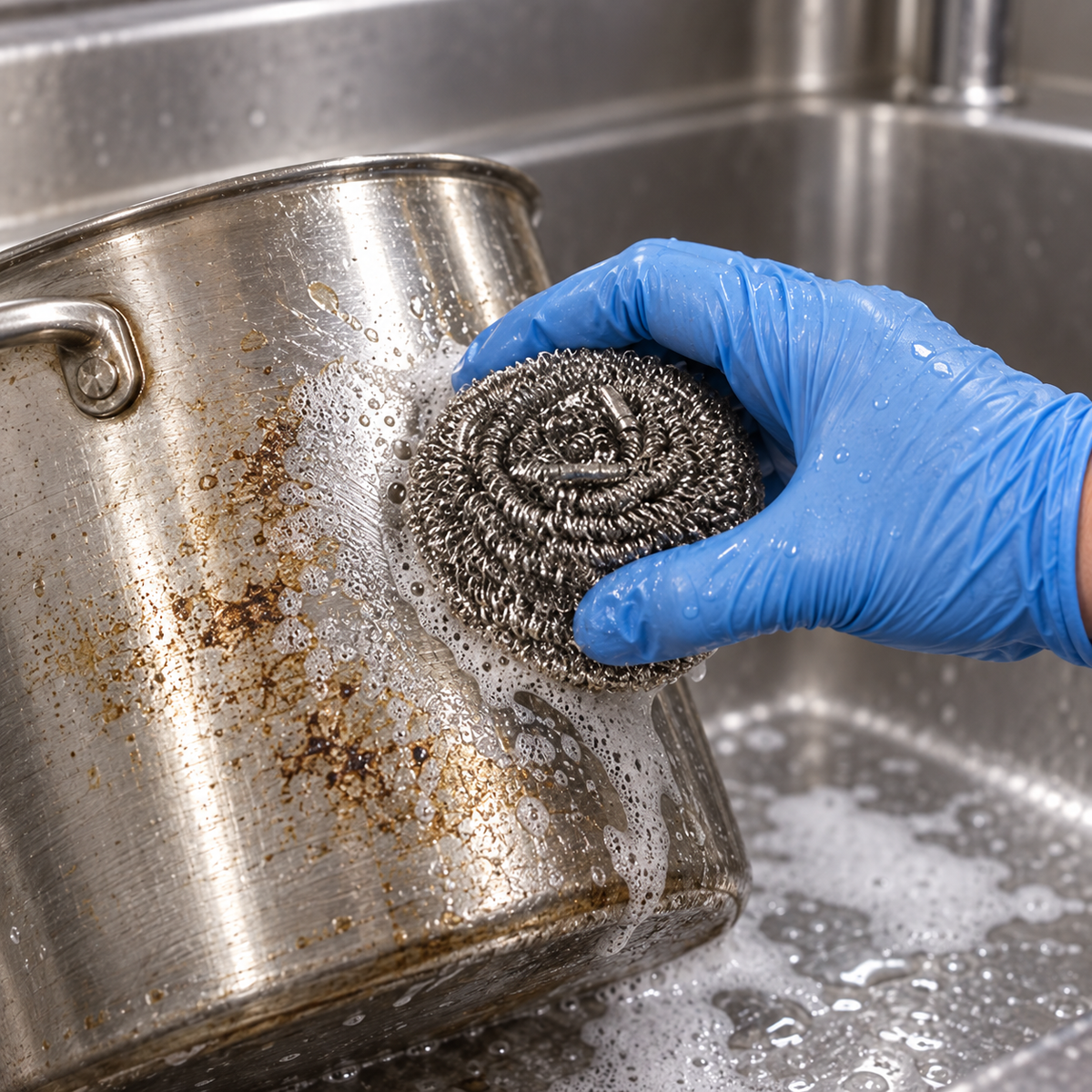 Performance Plus PPB43450 50g stainless steel scrubber, use view; AI-assisted illustration
