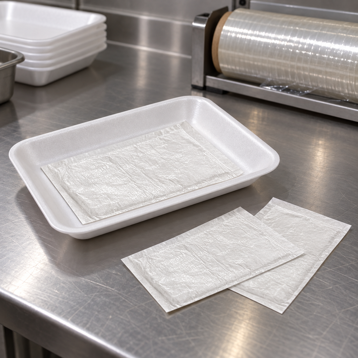 Prime Source 4 x 6 inch meat pads beside a prepared tray at a commercial packing station